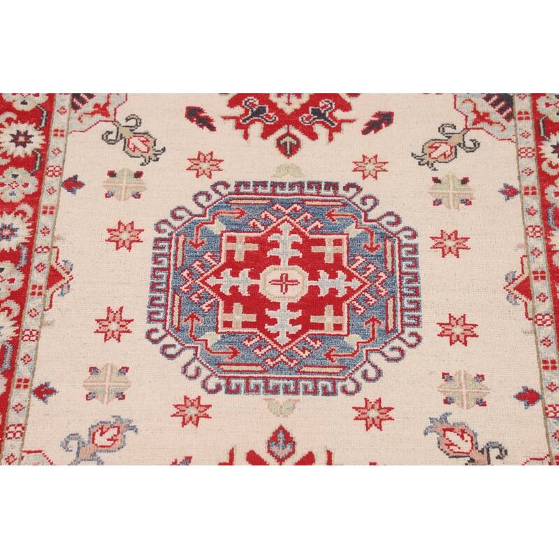 Geometric Beige Kazak Foyer Rug Hand-Knotted Wool Carpet - 3'5" x 5'0"