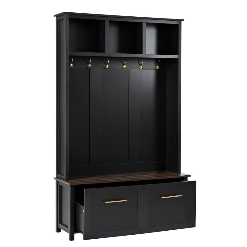 Entryway 4-in-1 Hall Tree with Bench and Shoe Storage, Wood Coat Rack Cabinet with Hooks & Anti-Tipping