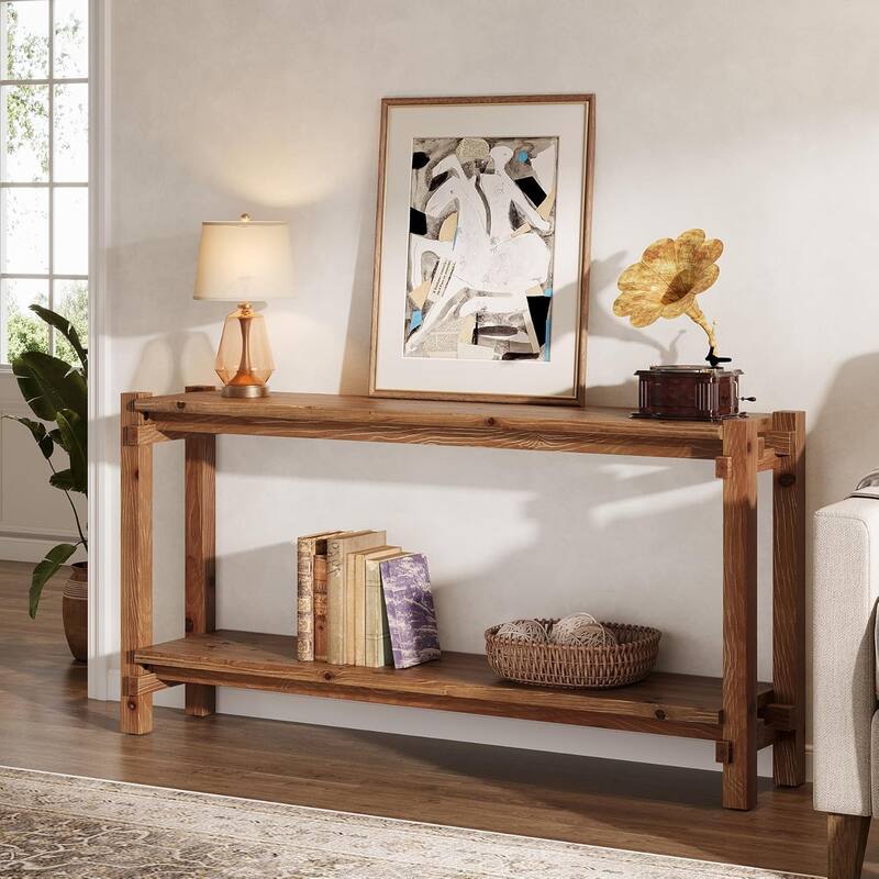 63-Inch Solid Wood Console Table, 2-Tier Narrow Entryway Table with Storage - 63" L x 11.8" W x 31.5" H