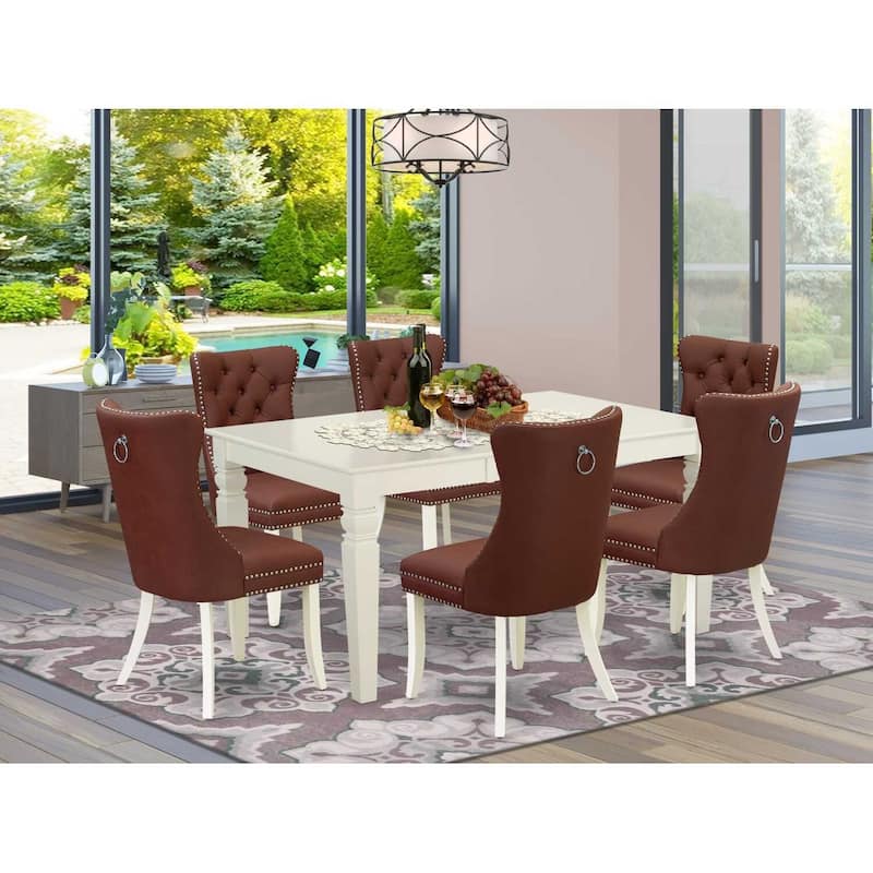 7 Piece Dining Set - Rectangle Table with Leaf & 6 Burgundy Chairs - Linen White Kitchen Set
