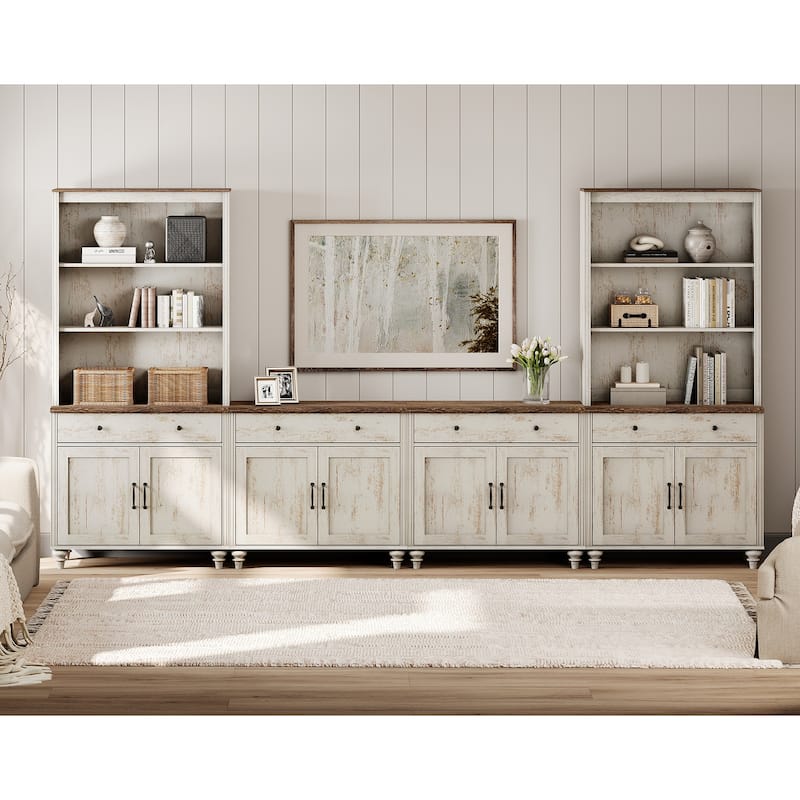 Rustic White Farmhouse TV Stand with Wooden Doors & Drawers
