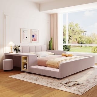 Upholstered Grounded Bed Mother & Child Bed with Bedside Desk and Little Round Stool
