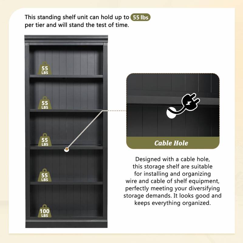 83" Tall Wood Bookcase Suite with Light Strip, 5-Tier Bookcase Suite with Adjustable Shelves