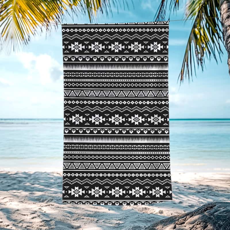 Large Boho Beach Towel Quick Dry Absorbent 30"x60"/35"x70" - Black White Aztec - 30"x60"