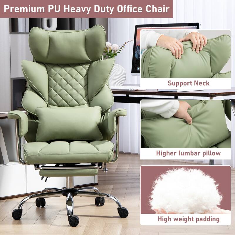 Comfortable Ergonomic Office Chair with Foot Rest, PU Leather Reclining Chair with Adjustable Height Headrest and Waist Lumber