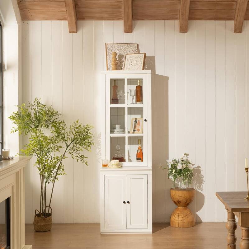 75.25'' Tall Freestanding Pantry Cabinet with Glass Door & Lattice Window, Farmhouse Display Cabinets with Storage