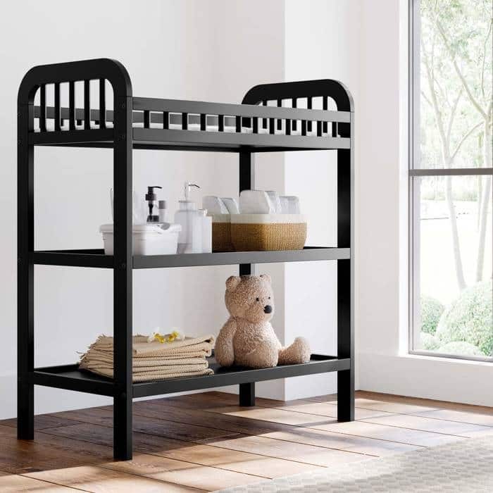 Black Wooden Baby Changing Table with Safety Rail and Water-Resistant Pad for Nursery - 39”H x 33.75”W x 18”D