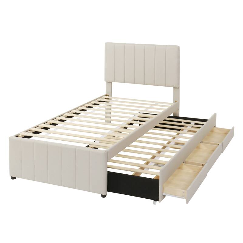 Linen Fabric Upholstered Platform Bed with Stripe Headboard & Footboard, Pull-out Trundle Bed & 3 Drawers, Wood Panel Bed