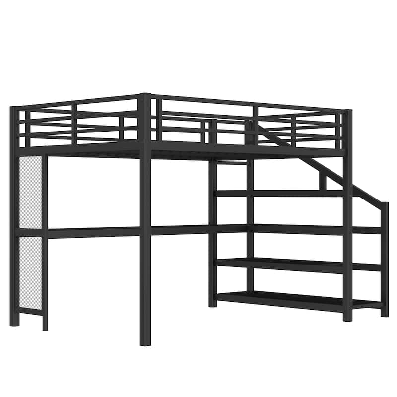 Queen Loft Bed with Desk, Storage Stairs & LED Lights, Metal Bed Frame with USB Ports & Iron Nets, No Box Spring Needed