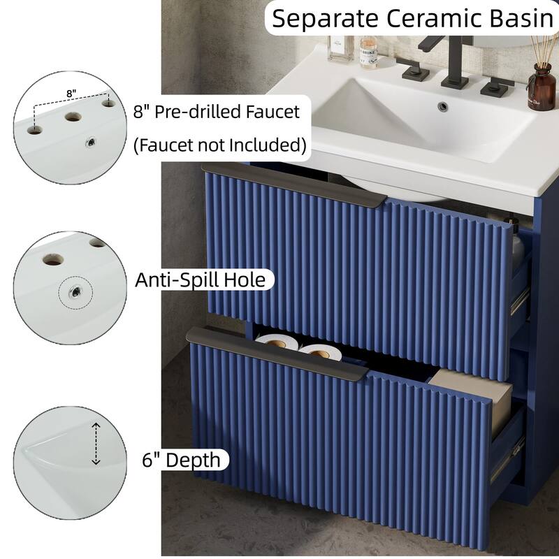 30" Bathroom Vanity with Ceramic Sink, Full-Extension Drawers, Soft Close Slides, and Fluted Design