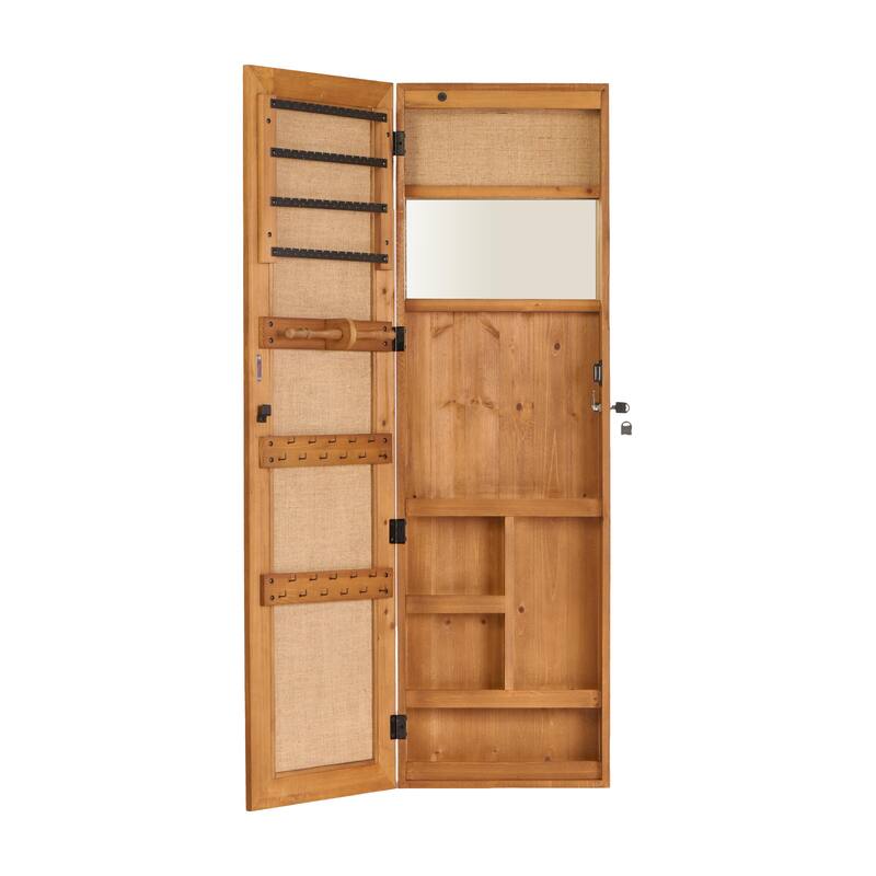 Solid Wood Jewelry Armoire Organizer Cabinet with Full-Length Mirror, 47.5x14.3 in Wall-Mounted Lockable with LED Light