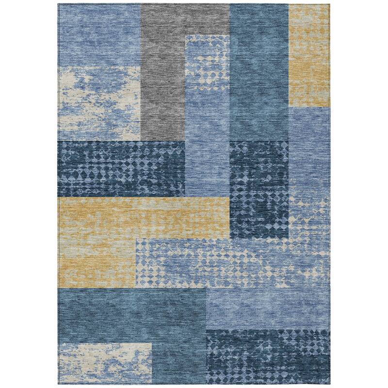 Machine Washable Indoor/ Outdoor Modern Blocks Chantille Rug