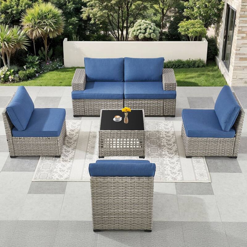 Pocassy Outdoor Sectional Sofa Patio Furniture Sets with Thickened Cushions - Blue Cushion - Sofa with Coffee Table Combination 4