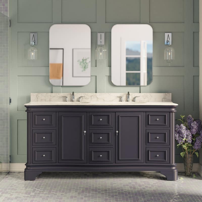KitchenBathCollection Katherine 72" Double Bathroom Vanity with Carrara Marble Top - Marine Gray