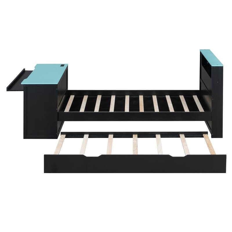 Wood Daybed with Trundle & Built-in Desk, LED Lights & USB Charging Port, Available in Full or Twin