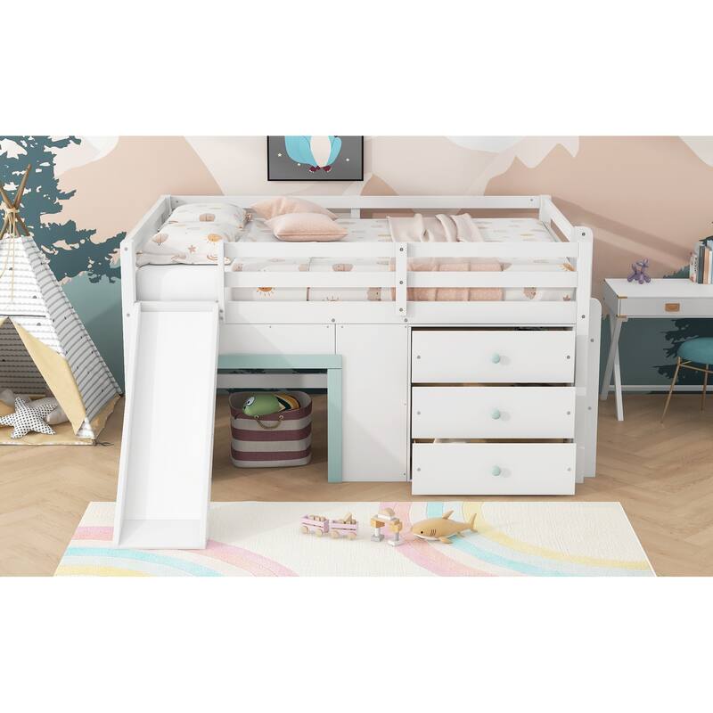Full Size Low Loft Bed with Slide, Three Drawers, Two Doors, White