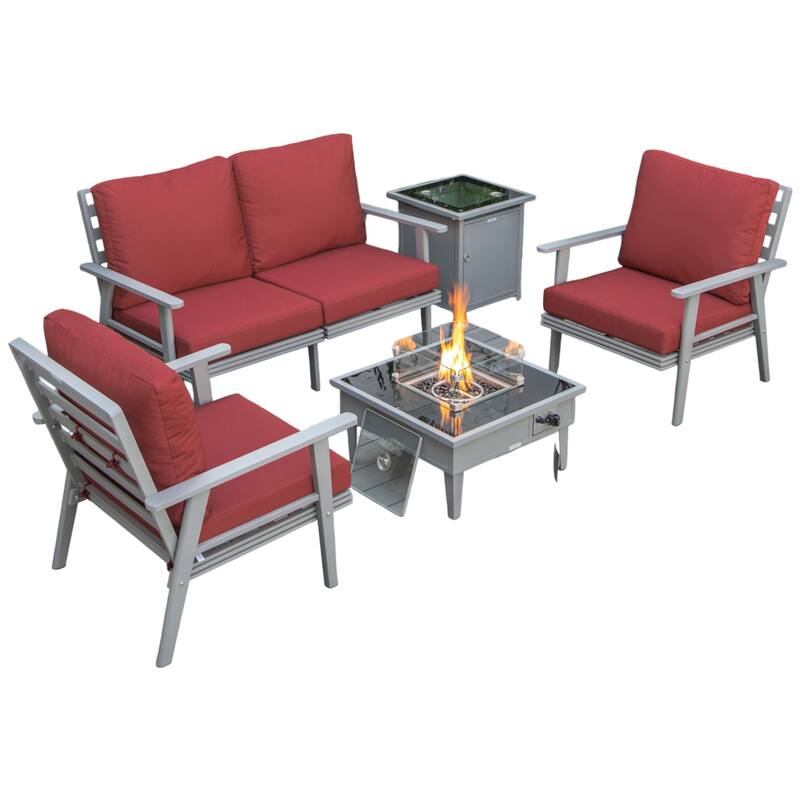 Walbrooke Modern 5-Piece Outdoor Aluminum Frame Patio Furniture Set with Propane Fire Pit Table - Red