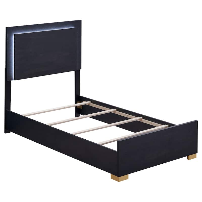 Dex Twin Size Bed with LED Framed Headboard, Black Wood Finish, Gold Legs