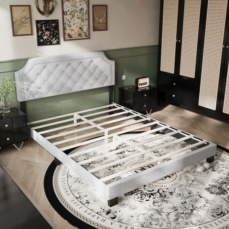 Queen Size Bed Frame with Upholstered Headboard Mattress Foundation