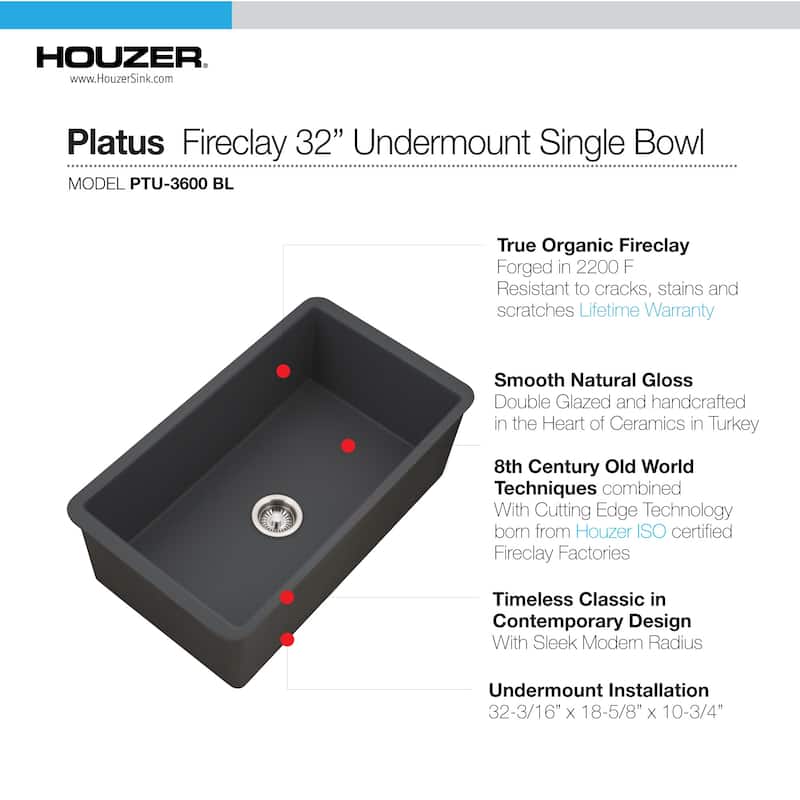 Houzer PTU-3600 Platus 32" Undermount Single Basin Fireclay Kitchen