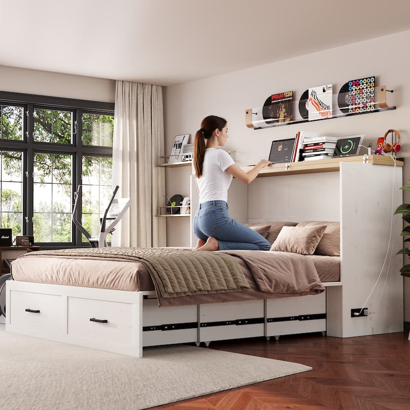 Queen Murphy Bed with Charging Station, Farmhouse Murphy Cabinet Bed with Large Storage Drawer, Hideaway Foldable Platform Bed - Antique White - Queen