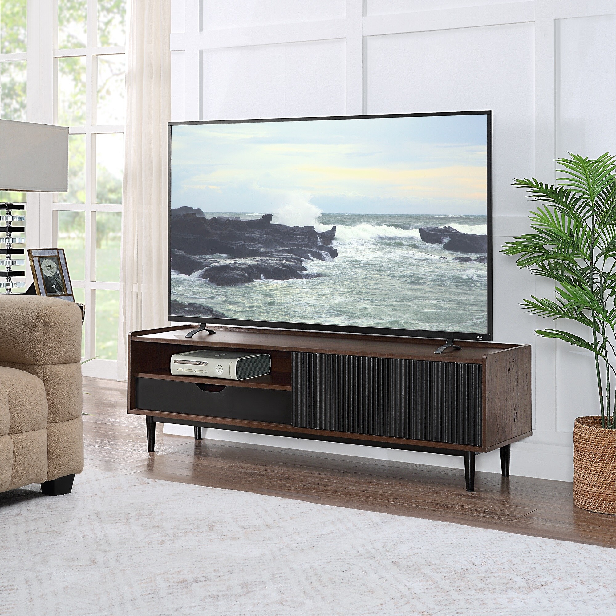 59 Inch Fluted TV Stand Black Finish Modern Design