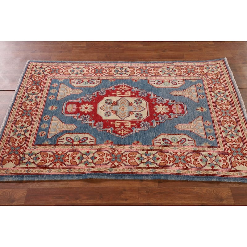 Blue Geometric Kazak Accent Rug Handmade Wool Carpet - 3'2"x 4'8"