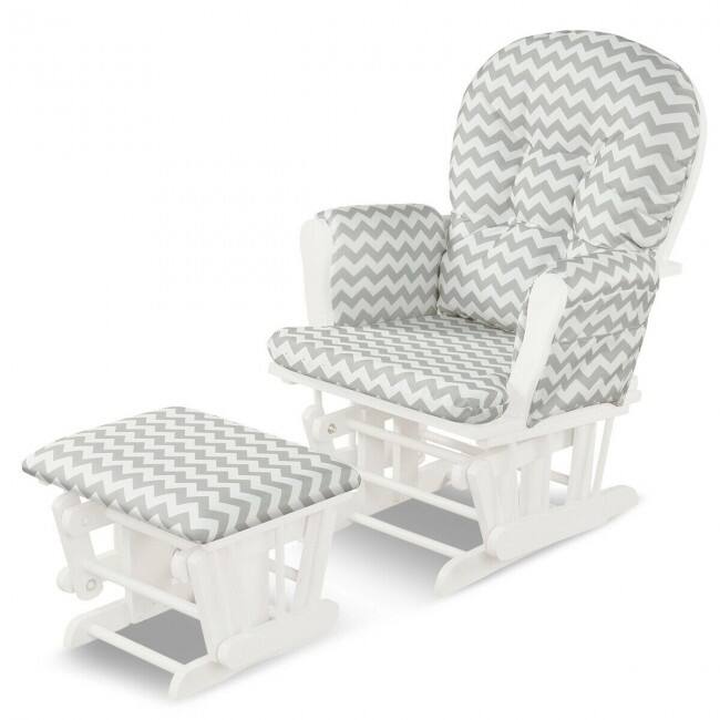 Solid Wood Gliding Chair Set with Pockets and Ottoman for Relaxing - Grey-White
