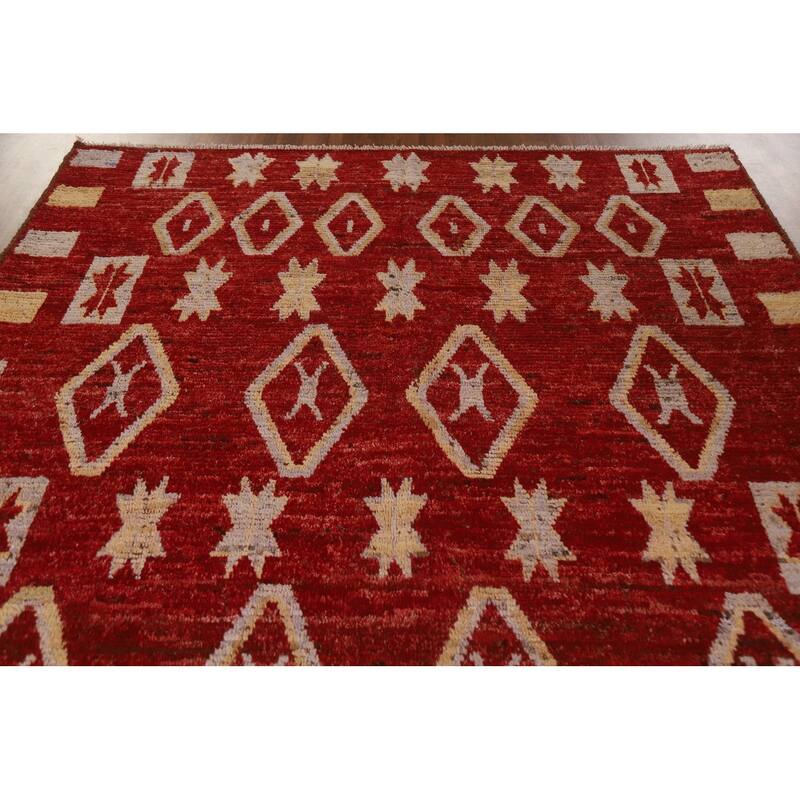 Hand Knotted Oriental 100% Wool Carpet Modern Tribal Red Moroccan Area Rug - 9' 8'' X 6' 10''