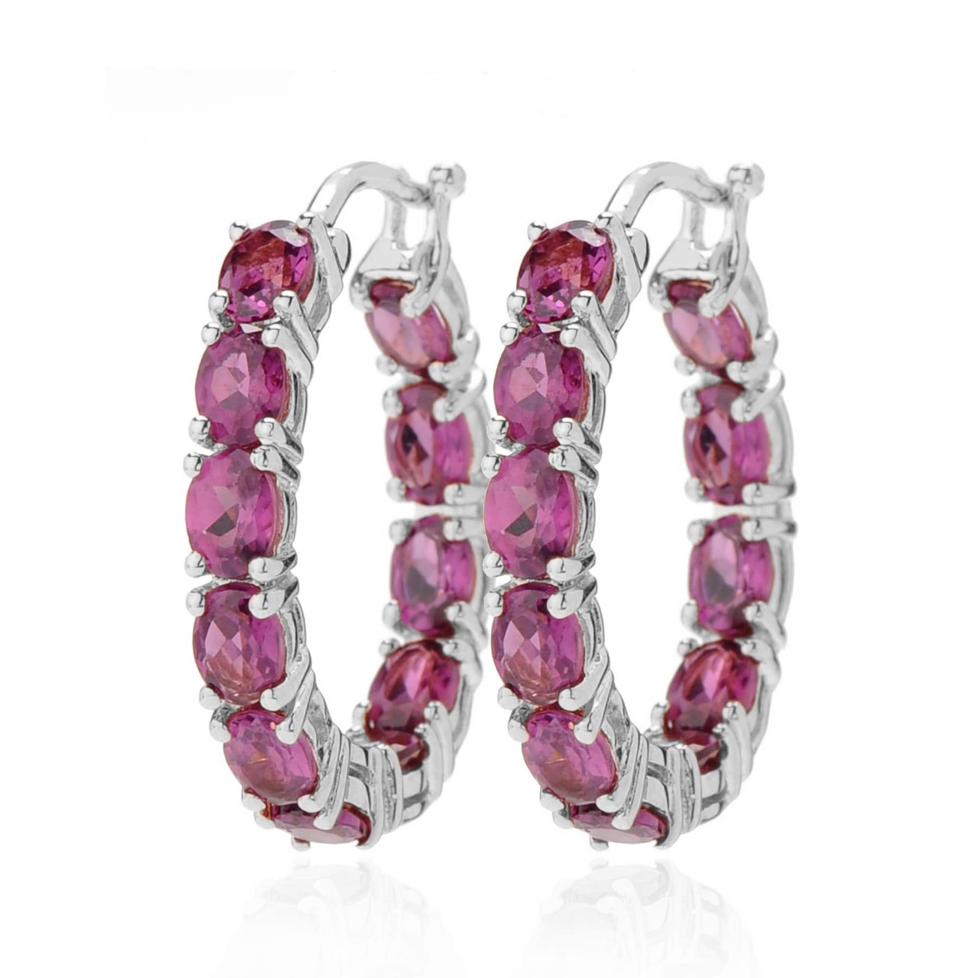 Pinctore Rhodium Over Sterling Silver Rhodolite Garnet Hoops Earrings