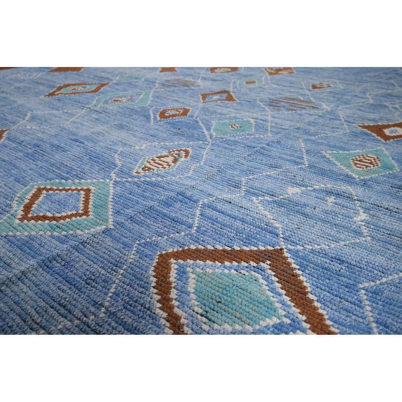 Blue Geometric Moroccan Area Rug Hand-Knotted Wool Carpet - 8'7"x 12'2"