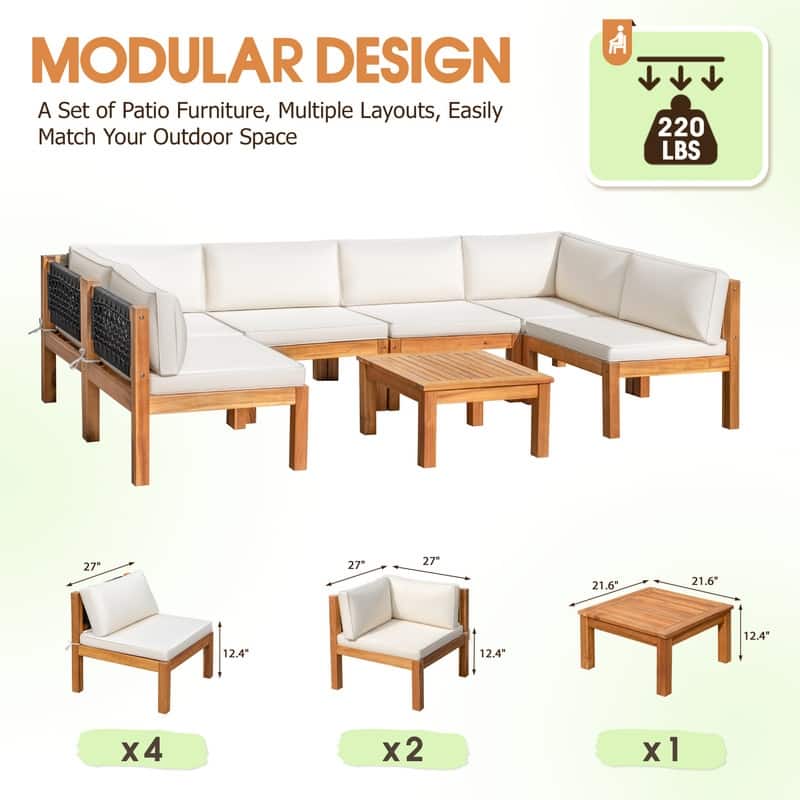 Furniwell Acacia Wood Patio Conversation Set Rope Woven Outdoor Sectional Sofa with Table and Cream Cushions