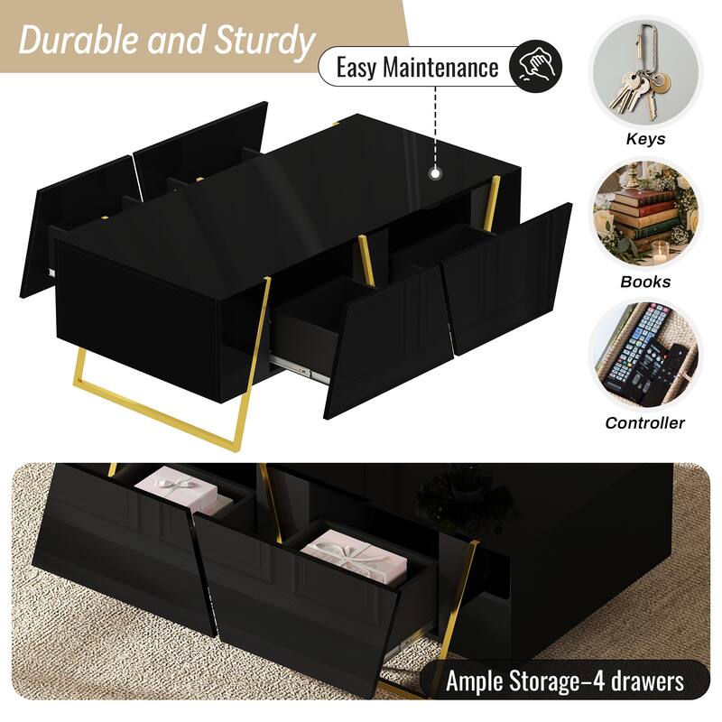 47.2" Modern Rectangular High Gloss Coffee Table for Living Room with Storage and Gold Base, 4 drawers, Black