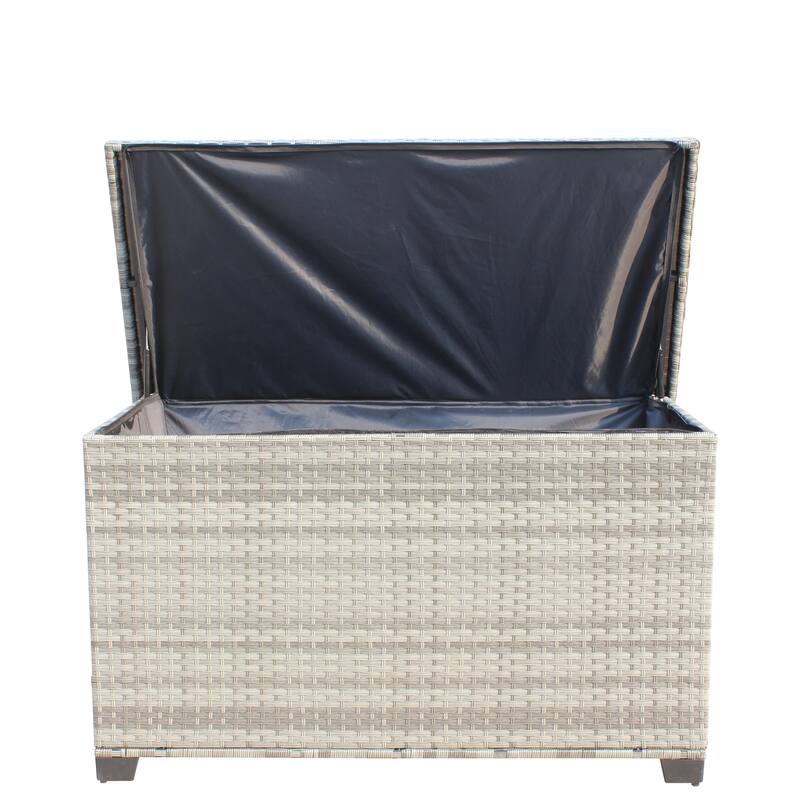 ​​Gray Modern Wicker Storage Box with Zippered Liner, 4 Wooden Legs and Lid for Patio Poolside and Garden