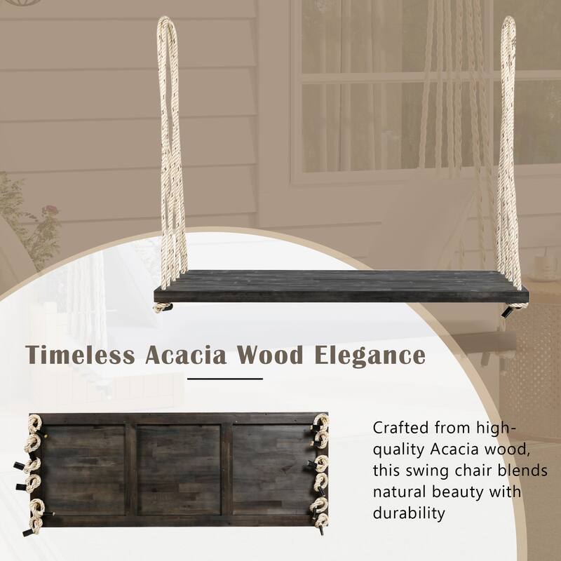 Acacia Wood Swing Chair, Hanging Porch Bench with Cushion & Pillows, 400lb Capacity & 10.8ft Ropes
