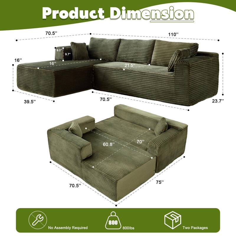 Boneless L-shaped Sectional Sofa with Chaise, Modular Sleeper Sofa Bed Corduroy Compression Deep Seat Sectional Couch