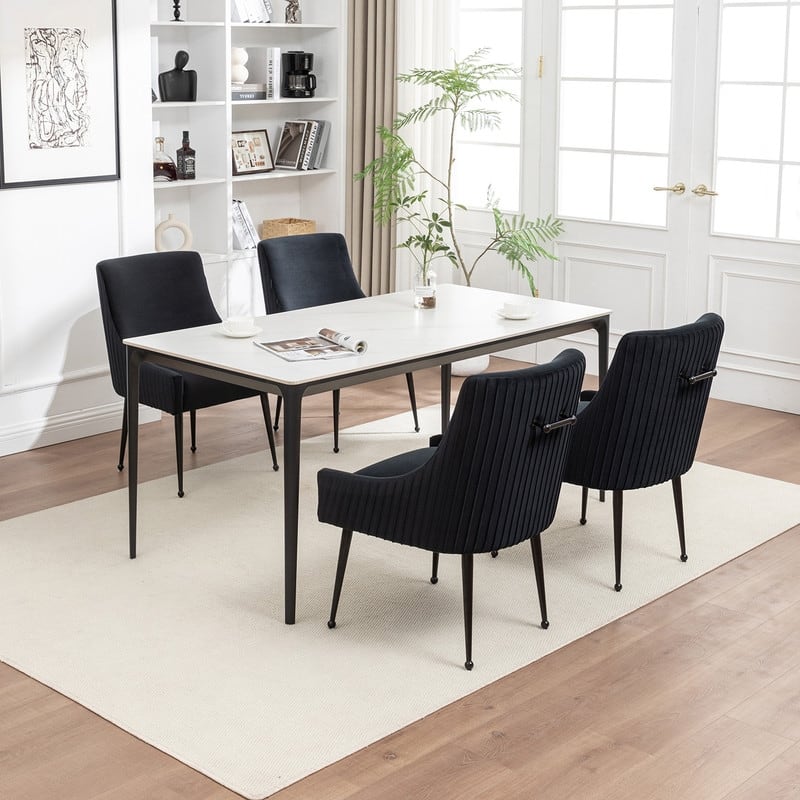 SEYNAR Modern Glam Velvet Black Metal Legs Dining Chair or Vanity Chair Set of 4 with Rear Handle - Black