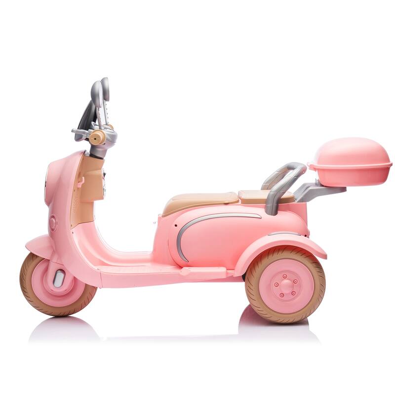 12V Ride-On Two-Seater Motorcycle for Kids, Three-Wheel Design, USB, Bluetooth, Adult Seat Flip, and Storage for Ages 3-6.