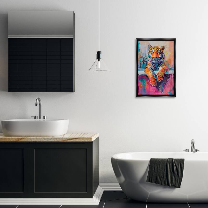 Stupell Bathing Tiger in Bright Tub Framed Floater Canvas Wall Art Design By LSR Design Studio
