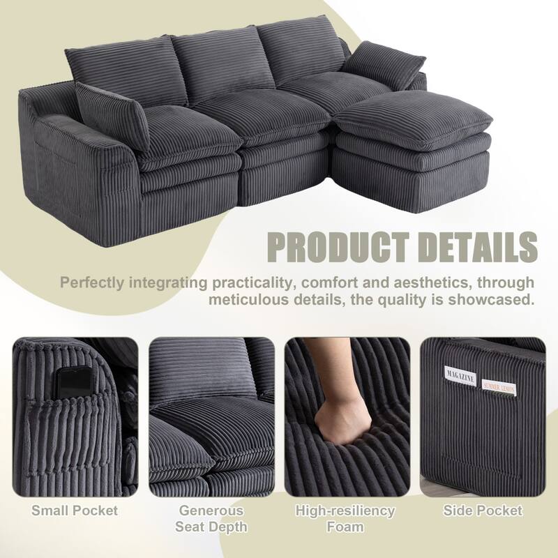 103" L-Shaped Corduroy Boneless Sectional Sofa with Movable Ottoman