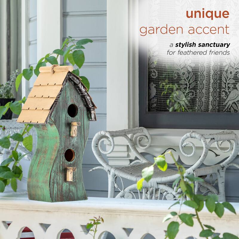 Alpine Corporation 17" Tall Outdoor Artful Swirly Hanging Wooden Birdhouse, Green