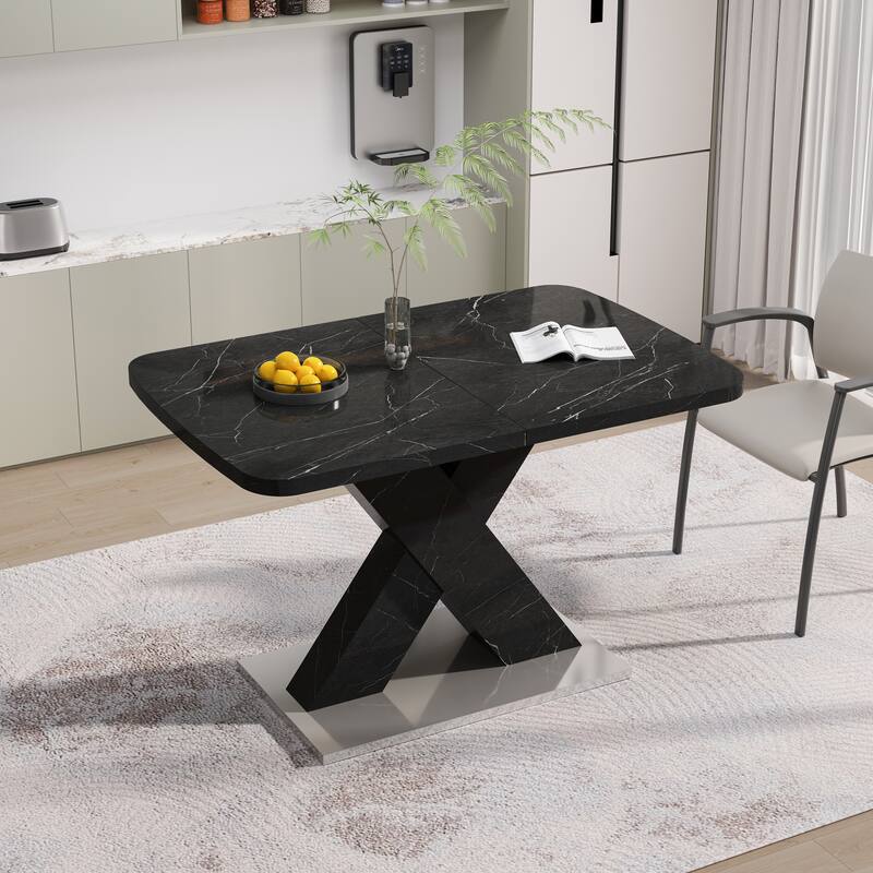 Modern Square Dining Table,Stretchable,Printed Marble Table Top+ X-Shape Table Leg with Metal Base