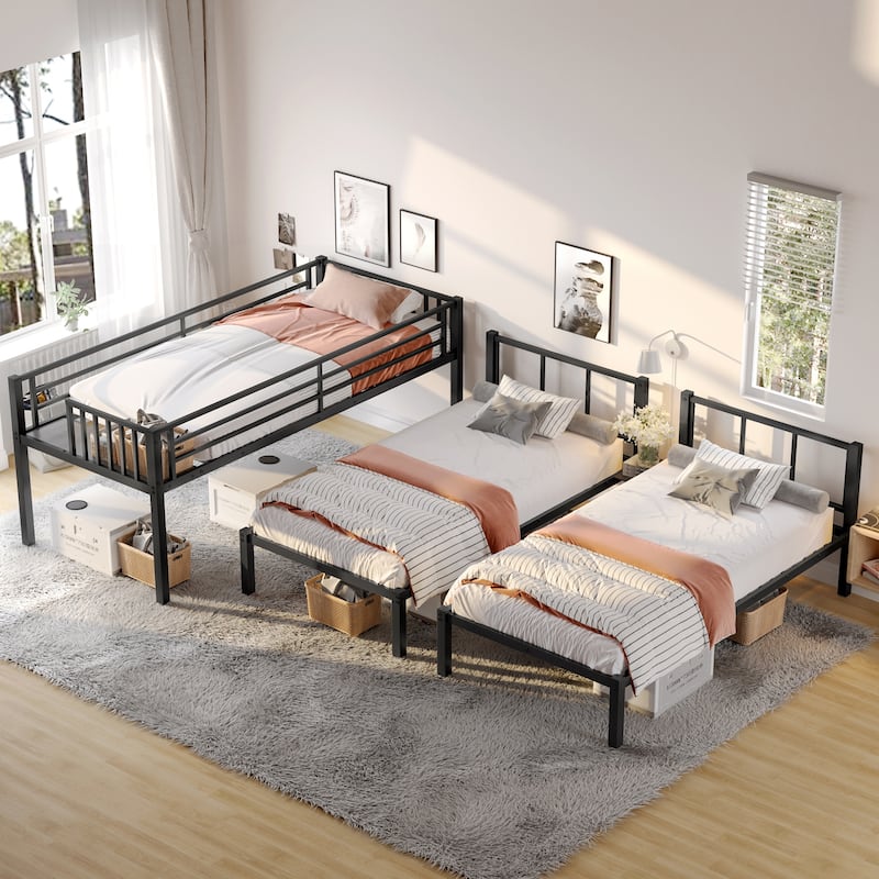 Twin Size Detachable Triple Bunk Bed Frame, Twin XL over Twin & Twin Bunk Bed for 3, Heavy Duty Metal Triple Bunk Bed Frame