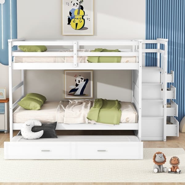 slide 2 of 14, Full Over Full Bunk Bed with Trundle and Staircase, White White