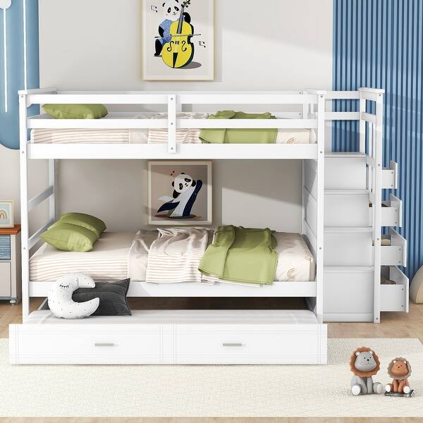 slide 2 of 24, Wooden Full Over Full Bunk Bed with Trundle, Staircase and Storage Drawers White