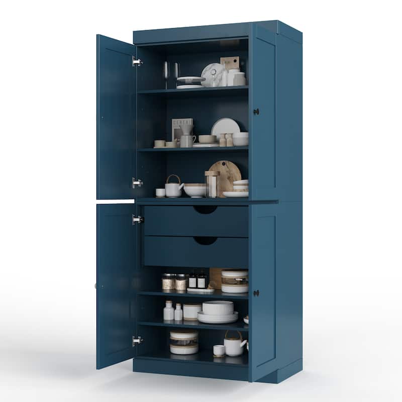 Palace Imports 100% Solid Wood 32" Pantry Cabinet with Shaker Doors, 2-Drawers and Adjustable Shelves - Teal Blue
