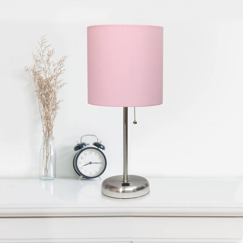 19.5 in. Brushed Steel Finish Table Lamp with Pink Shade, Durable Stick Lamp for End/Side Tables