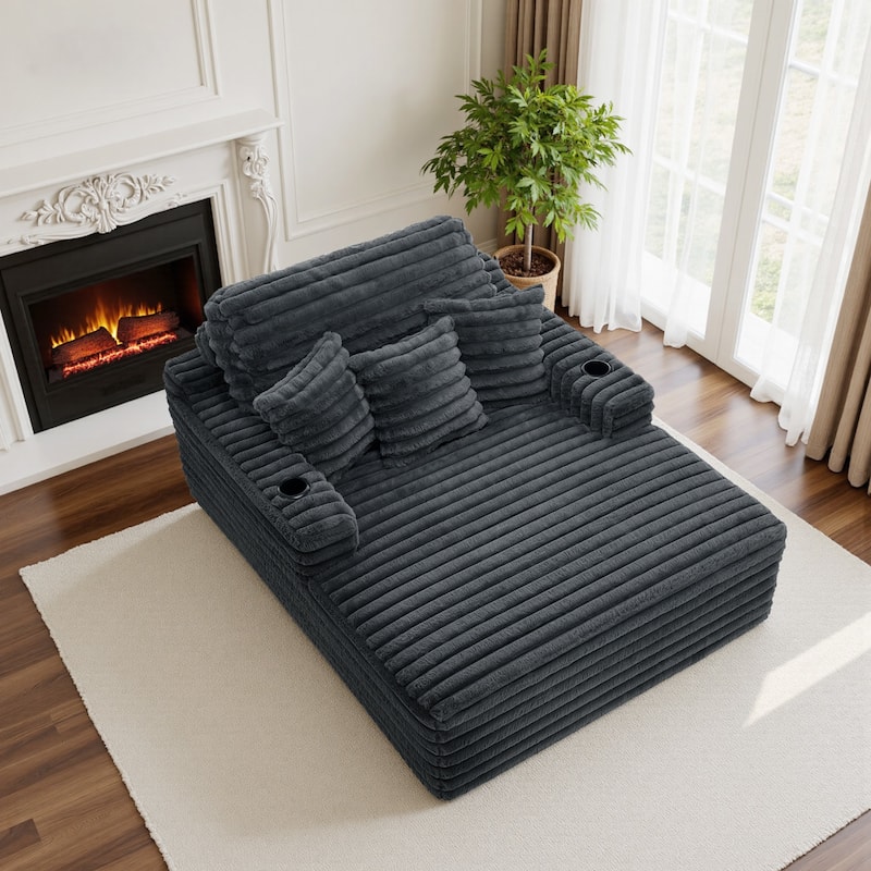Indoor Oversized Plush Chaise Lounge with Pillows and Cup Holder