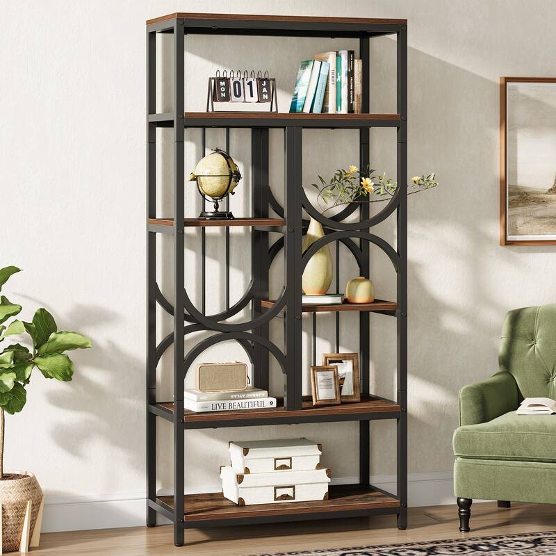 70.86-Inch Tall Bookshelves with 6 Open Storage Shelf - Brown & Black