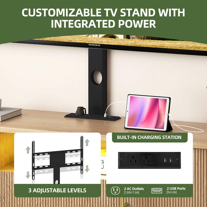 Moasis Mid-Century Modern Fluted TV Stand with Drawer and Adjustable Mount for Living Room